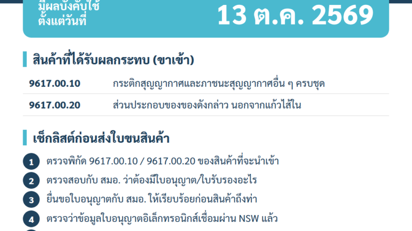 อินโฟกราฟิกสรุปประกาศกรมศุลกากร ที่ 116/2569 นำเข้ากระติกสุญญากาศต้องเชื่อมโยงใบอนุญาต สมอ. ผ่าน NSW มีผล 13 ตุลาคม 2569